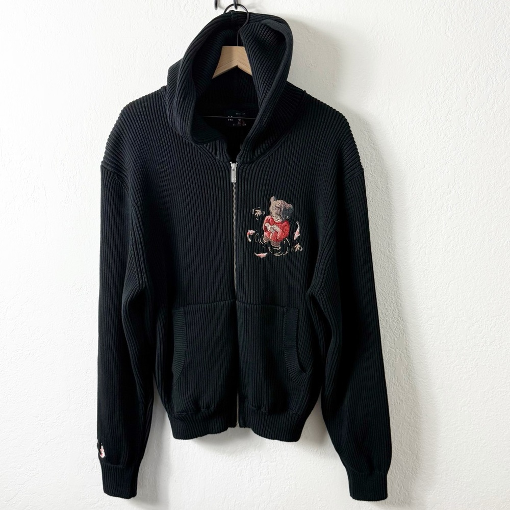 derschutze Men's “Koi Fish” Zip Up Knit Size M Black Heavyweight Embroidered